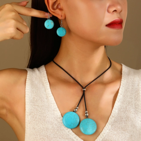 Set di Gioielli Retrò in Turchese per Donna Pendente a Cuore Tondo Geometrico Collana Orecchini Gioielli Boho Etnici