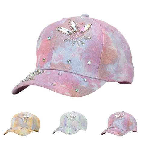 Kids Fashion Tie Dye Baseball Cap Sparkling Rhinestone Flower Cotton Adjustable Sun Hat For Girls Spring Autumn Accessories