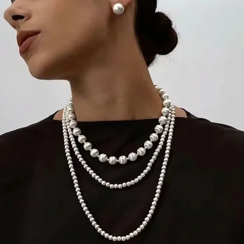 Collana Francese Vintage in Rame con Perle Spazzolate Catena a Sfere a Strati Set Gioielli in Metallo Minimalista da Donna