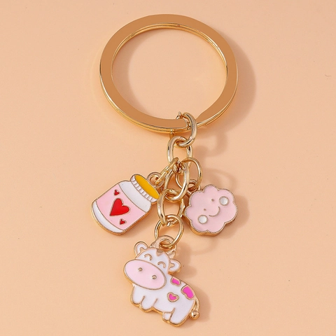 Cartoon Cow Enamel Keychain With Pink Cloud And Milk Bottle Charms Cute Animal Metal Pendant Key Ring For Backpack Phone