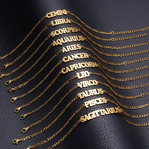 Stainless Steel Zodiac Sign Letter Bracelet Gold Plated Minimalist Constellation Hollow Bracelet For Women Beach Jewelry