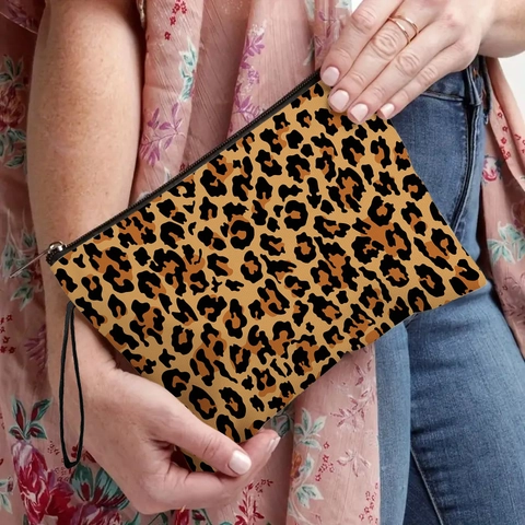 Neceser Maquillaje Estampado Leopardo Lino Gran Capacidad Organizador Bolsa Aseo Portátil Cremallera Correa Muñeca Mujeres