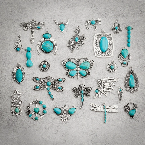 Boho Alloy Turquoise DIY Charms Pendants Retro Ethnic Animal Feather Thunderbird Bull Head For Jewelry Making
