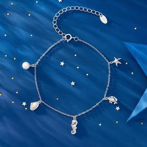 Oceaan Thema 925 Sterling Zilveren Armband Met Schelp Zeester Zeepaardje Vis En Kunstparelhangers 14K Verguld