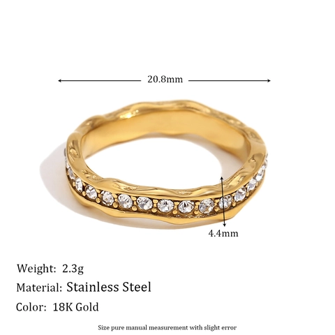 Anillo Ondulado De Acero Inoxidable Con Incrustaciones De Circón Chapado En Oro De 18K Ola Irregular Joyería De Moda Para Mujer