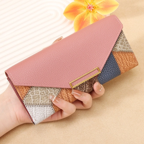 Women Long Wallet Lychee Grain PU Leather Envelope Flip Clutch With Gold Metal Bar Slim Elegant Card Holder