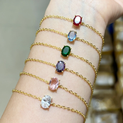 Bracelet Élégant Pour Femmes Cuivre Plaqué Or Pierre De Zircon Ovale Colorée Style Rétro Vintage Bijoux Réglables
