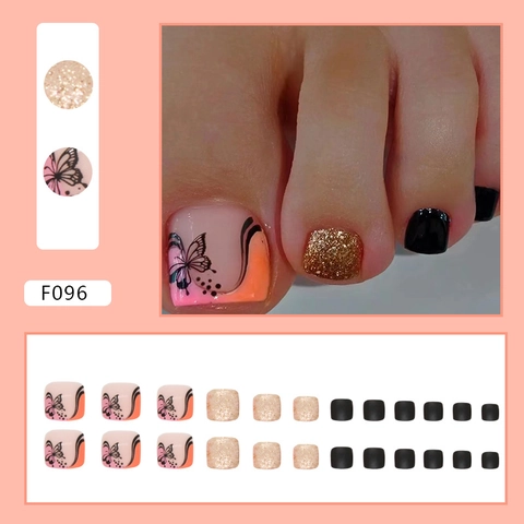 Unghie Finte Piedi Farfalla Nero Rosa Luccicanti French Tip Pedicure Unghie Finte Stile Dolce Cool Donne