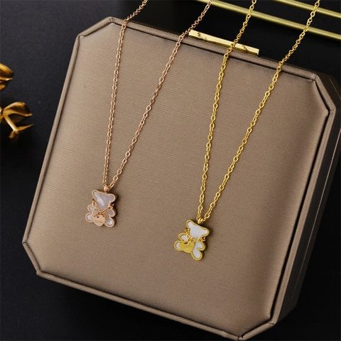 Koreanische Mode Edelstahl Bär Anhänger Halskette Für Damen Minimalistisch Perlmutt Herz Charme Schlüsselbein Kette Schmuck