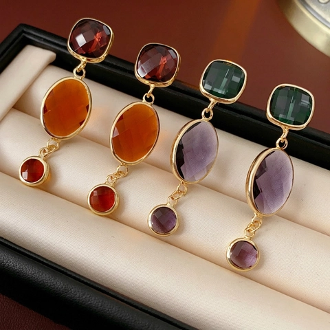 Orecchini Pendenti Lunghi Geometrici Vintage Retrò Quadrati Ovali Rotondi In Lega Vetro Con Perno In Argento Per Donna Lusso