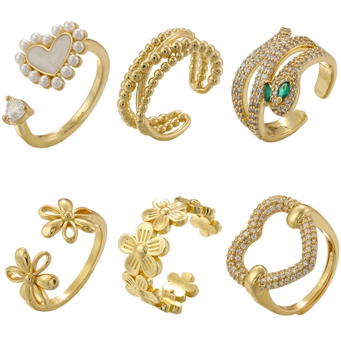 Anelli Regolabili Aperti Cuore Perla Artificial Margherita Serpente Gioielli Moda Ottone Zircone Vintage Per Donne