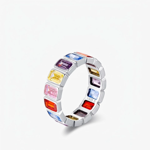 925 Sterling Silver Ring For Women With Rainbow Multi Color Rectangle Cut Zircon Stackable Band Elegant Jewelry