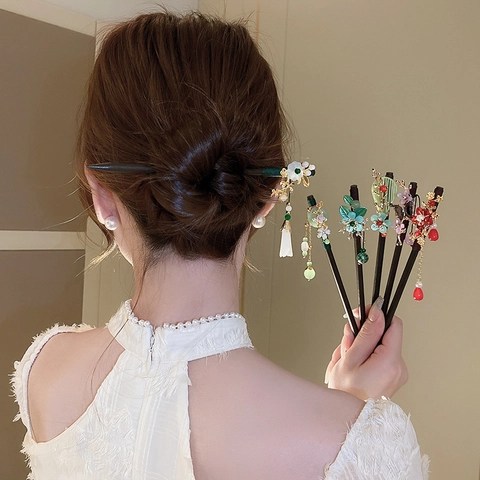 Bastoncino Per Capelli In Legno Stile Cinese Fiore Nappina Lega Perla Artificial Sintetica Retrò Hanfu Forcina Elegante Accessorio