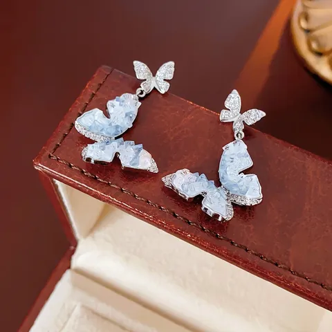 Schmetterling Tropfenohrringe Kupfer Zirkon Blau Kristall Silver Earring Post Elegant Luxus Ästhetischer Schmuck Damen