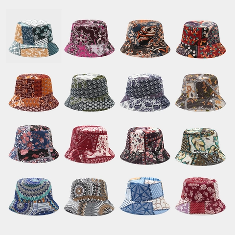 Retro Ethnic Print Bucket Hat Polyester Reversible Foldable Bohemian Patchwork Sun Hat Streetwear Unisex