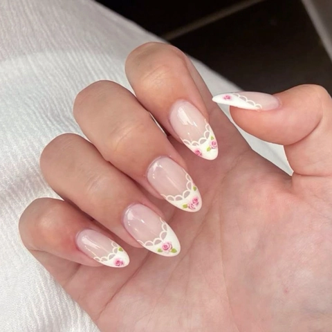 French Style Long Almond Press On Nails Elegant Pink White Lace Rose Flower Design False Nails For Women