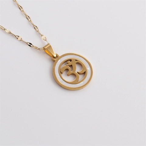 Collier Pendentif Rond Acier Inoxydable Doré Incrustation Coquille Arbre De Vie Couronne Note Musique Symbole Om Bijoux