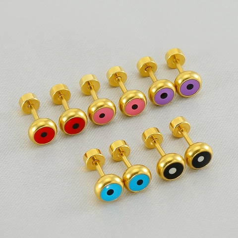 Round Evil Eye Stud Earrings Stainless Steel 18K Gold Plated Enamel Flat Threaded Screw Back Minimalist Jewelry For Women