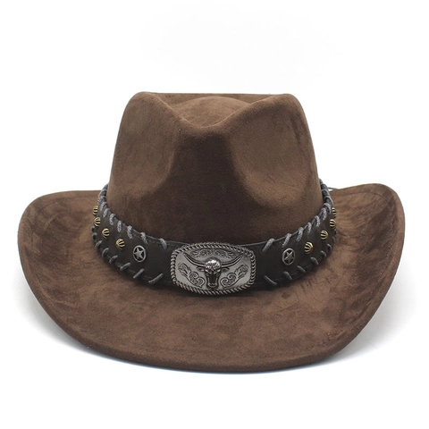 Vintage Western Cowboy Hat Suede Wide Brim Bull Head Metal Buckle Rivet Ethnic Style Outdoor Sun Shade Men Women
