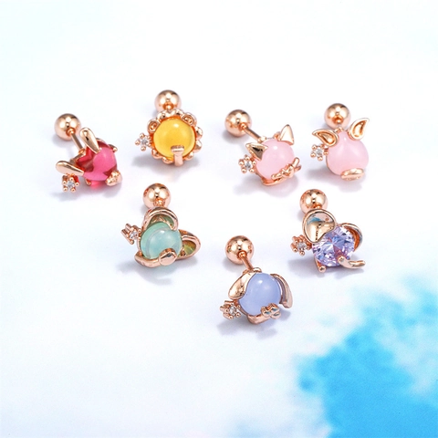 Orecchini a Bottone in Ottone con Zirconia Animali Cartoni Animati per Donna Carino Coniglio Maiale Elefante Orecchini a Vite Gioielli Piercing