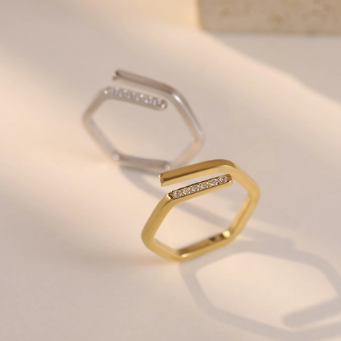 Minimalistische Hexagonale Open Ring Titanium Staal Geometrische Zirkonia Ingelegd Verstelbare Mode-Sieraden Voor Dames