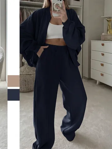 Tuta In Maglia Elegante Da Donna Giacca Con Zip E Pantaloni A Gamba Larga Tinta Unita Maniche Lunghe Completo Sportivo Casual