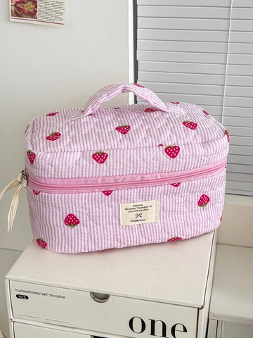 Gewatteerde Make-up Tas Met Aardbeienprint Roze Gestreept Grote Capaciteit Draagbare Toiletartikelen Organisator Polyester