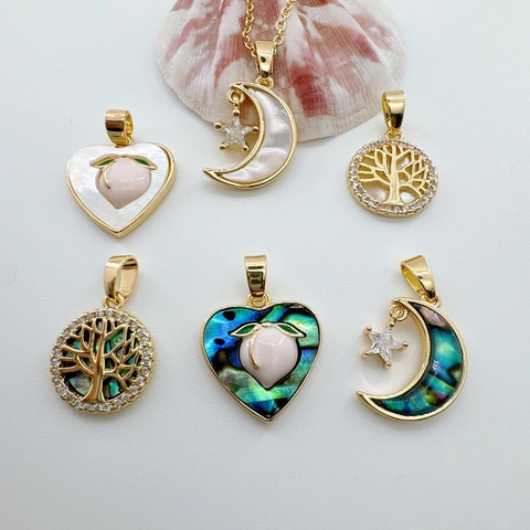 Natural Shell Abalone Star Moon Heart Peach Tree Of Life Charms 18K Gold Plated Copper Zircon For Jewelry DIY