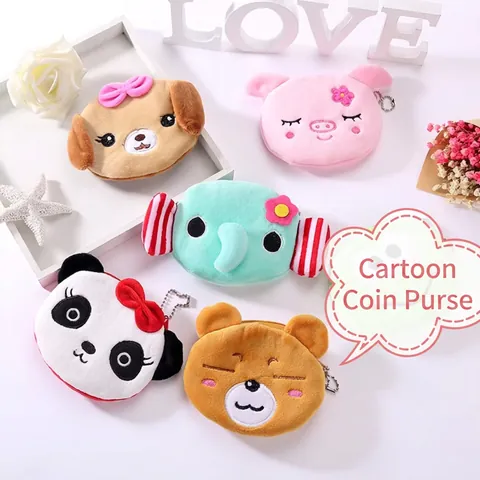 Plush Coin Purse Cartoon Animal Mini Wallet With Zipper And Bead Chain Key Storage Bag Cute Gift For Women Kids