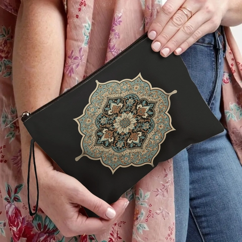 Neceser De Maquillaje Con Estampado Geométrico De Mandala Tela De Lino Bolsa De Cosméticos Con Cremallera Correa De Muñeca Organizador De Viaje