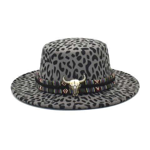 Cappello Fedora Leopardato Donna Tesa Larga Piatto Feltro Di Lana Cowboy Etnico Fascia Teschio Di Toro