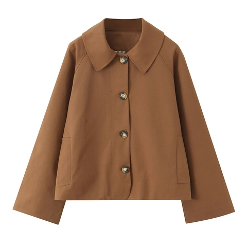 Trench Corto Da Donna Misto Cotone Revers Monopetto Giacca Casual Con Fodera A Quadri Primavera Autunno