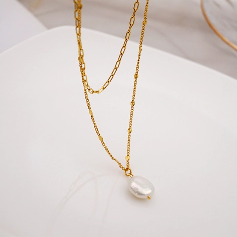 Collana A Strati In Acciaio Inossidabile Con Catena A Graffetta E Perla Artificial Barocca D'acqua Dolce Vintage Oro Pendente Good Luck