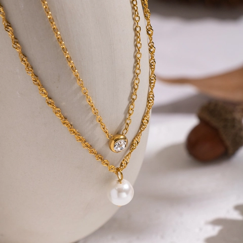 Collar De Varias Capas Con Colgante De Acero Inoxidable 304 Chapado En Oro 18K Circón Perla Artificial Joyería De Lujo Para Mujer