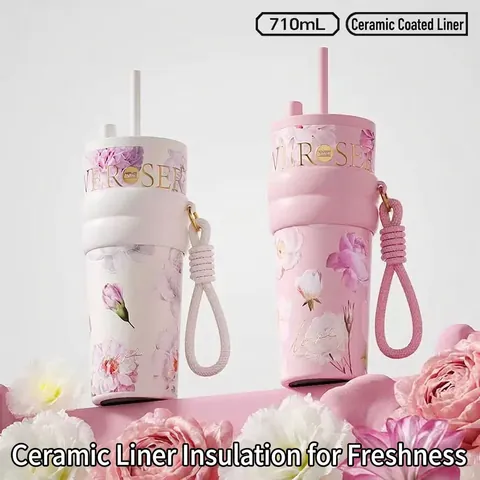 Floral Ceramic Liner Stainless Steel Insulated Tumbler With Straw Portable Strap Large Capacity Vacuum Cup For Women Car Travel