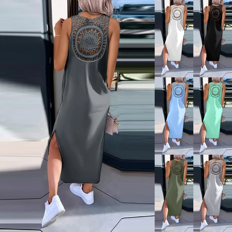 Women Sleeveless Maxi Dress Polyester Back Hollow Out Crochet Round Neck Side Slit Summer Elegant Solid Color