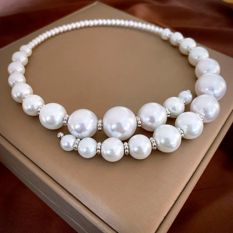 Exaggerated Graduated Imitation Artificial Pearl Choker Necklace With Alloy Spacers Elegant French Style White For Women
