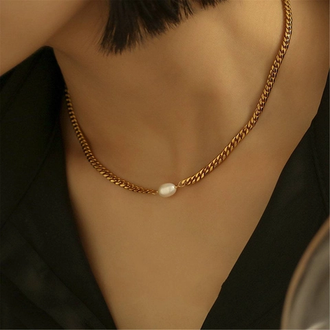 Collana con Pendente in Perla Artificiale Barocca Boho per Donna Lega Oro Argento Catena Cubana Gioielli Minimalisti