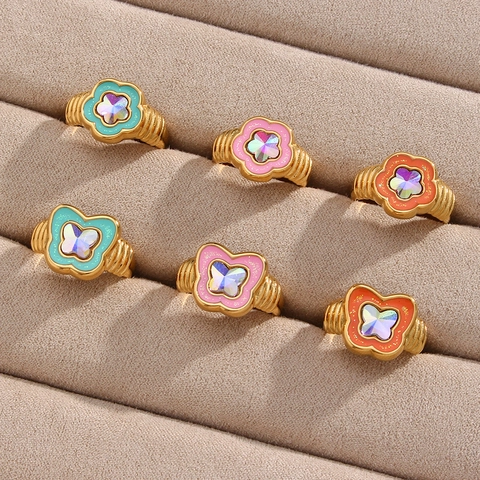 Colorful Butterfly Flower Rings Stainless Steel Gold Plated Enamel Dripping Oil Ribbed Band Sweet Fashion Jewelry
