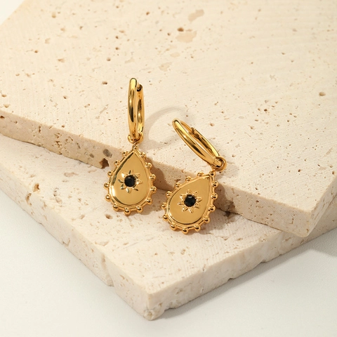Vintage Wassertropfen Creolen Für Damen 18K Vergoldeter Edelstahl Schwarzer Strass Sonnenstrahl Muster INS Stil