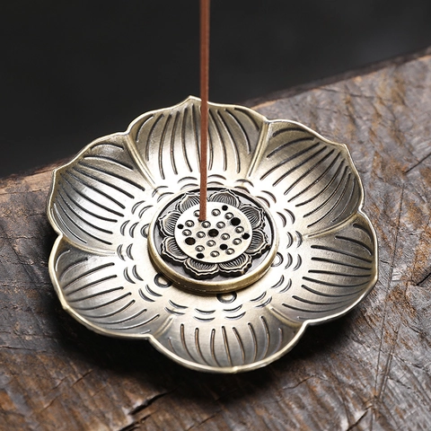 Lotus Incense Holder Burner Tray Zinc Alloy Bronze Plated Multi-Hole Gourd Shape Vintage Home Meditation Zen Decor