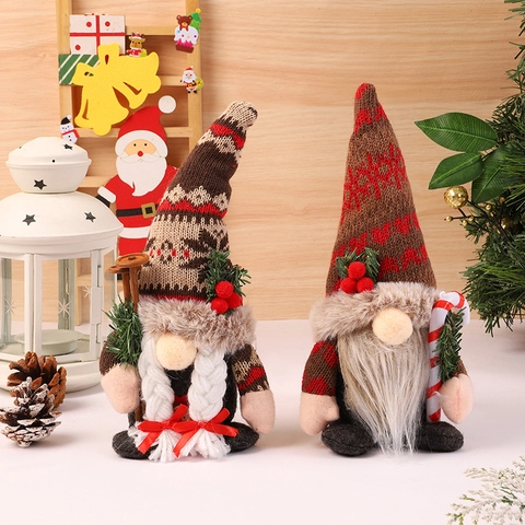 Christmas Gnome Faceless Plush Doll Knitted Long Hat Nordic Pattern Faux Fur Beard Braid Ornament Festive Table Decor