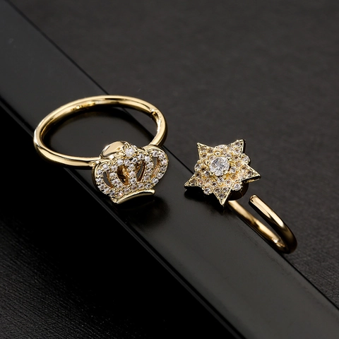 Anillos Ajustables De Corona Y Estrella Cobre Chapado En Oro De 18K Micro Pave Zirconia Joyas De Dedo Para Mujer
