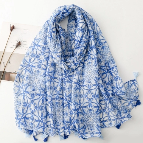 Écharpe Châle Femme Bohème Imprimé Floral Porcelaine Bleu Blanc Polyester Léger Gland Pashmina