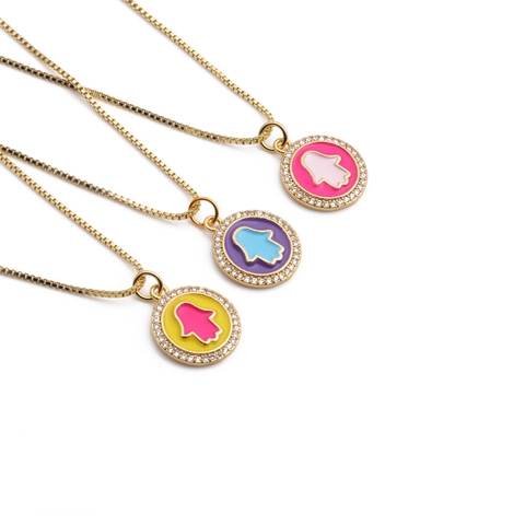 Hamsa Hand Pendant Necklace Copper Gold Plated Enamel Zircon Fatima Hand Jewelry For Women Evil Eye Protection