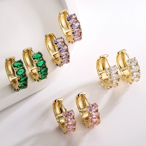 Huggie Hoop Earrings Gold Plated Copper With Colorful Oval Zircon Retro Luxury Fashion Jewelry For Women