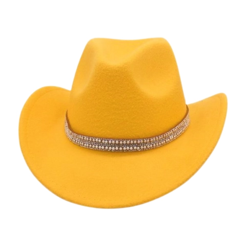 Retro Western Cowboy Hat For Men Women Polyester Felt With Artificial Pearl Rhinestone Band Wide Curved Brim Elegant Jazz Fedora
