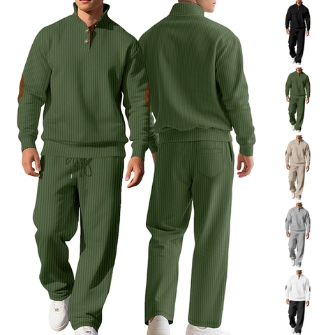 Maglia In Maglia E Pantaloni Lunghi Uomo Collo Alto Listino Bottoni Toppe Gomiti Contrasto Casual