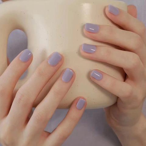 Uñas Postizas Cortas Cuadradas Color Morado Claro Estilo Simple Uñas Reutilizables Para Mujeres