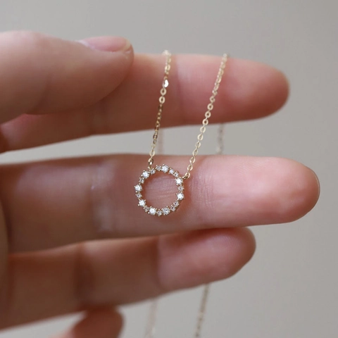 925 Sterling Silver Necklace With 14K Gold Plated Circular Ring Cubic Zirconia Pendant Dainty Elegant Jewelry For Women